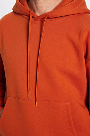 Unisex Oversize Geniş Kesim Pamuklu Yumuşak Dokulu Basic Kiremit Renk Kapüşonlu Sweatshirt