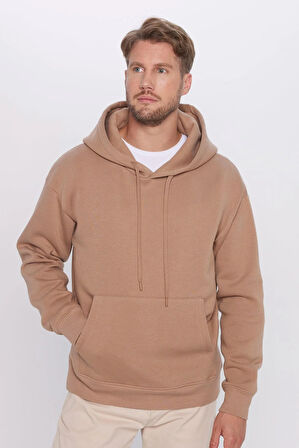 Unisex Oversize Geniş Kesim Pamuklu Yumuşak Dokulu İçi Polarlı Basic Vizon Renk Kapüşonlu Sweatshirt