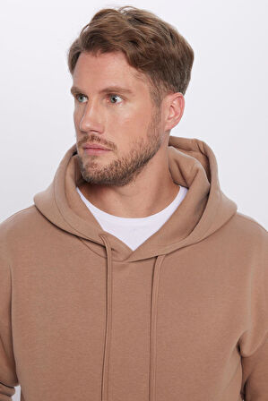 Unisex Oversize Geniş Kesim Pamuklu Yumuşak Dokulu İçi Polarlı Basic Vizon Renk Kapüşonlu Sweatshirt