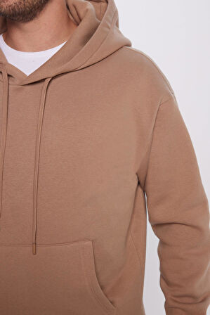 Unisex Oversize Geniş Kesim Pamuklu Yumuşak Dokulu İçi Polarlı Basic Vizon Renk Kapüşonlu Sweatshirt