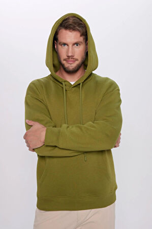 Unisex Oversize Geniş Kesim Pamuklu Yumuşak Dokulu İçi Polarlı Basic Yeşil Renk Kapüşonlu Sweatshirt