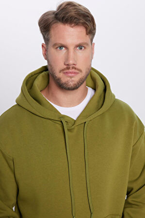 Unisex Oversize Geniş Kesim Pamuklu Yumuşak Dokulu İçi Polarlı Basic Yeşil Renk Kapüşonlu Sweatshirt
