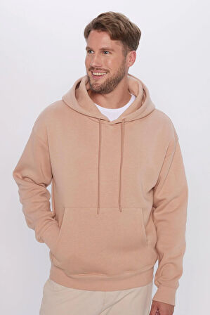 Unisex Oversize Geniş Kesim Pamuklu Yumuşak Dokulu İçi Polarlı Basic Vizon Renk Kapüşonlu Sweatshirt