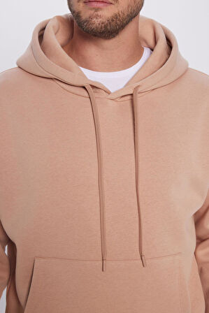 Unisex Oversize Geniş Kesim Pamuklu Yumuşak Dokulu İçi Polarlı Basic Vizon Renk Kapüşonlu Sweatshirt