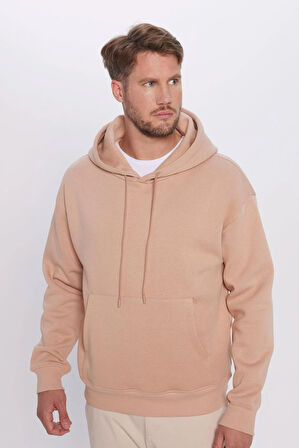 Unisex Oversize Geniş Kesim Pamuklu Yumuşak Dokulu İçi Polarlı Basic Vizon Renk Kapüşonlu Sweatshirt