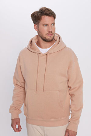 Unisex Oversize Geniş Kesim Pamuklu Yumuşak Dokulu İçi Polarlı Basic Vizon Renk Kapüşonlu Sweatshirt