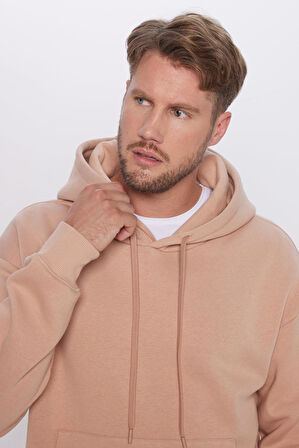 Unisex Oversize Geniş Kesim Pamuklu Yumuşak Dokulu İçi Polarlı Basic Vizon Renk Kapüşonlu Sweatshirt