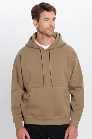 Unisex Oversize Geniş Kesim Pamuklu Yumuşak Dokulu İçi Polarlı Basic Haki Kapüşonlu Sweatshirt