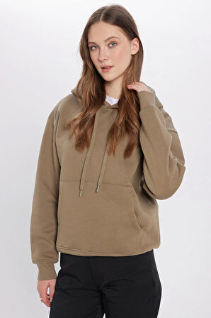 Unisex Oversize Geniş Kesim Pamuklu Yumuşak Dokulu İçi Polarlı Basic Haki Kapüşonlu Sweatshirt