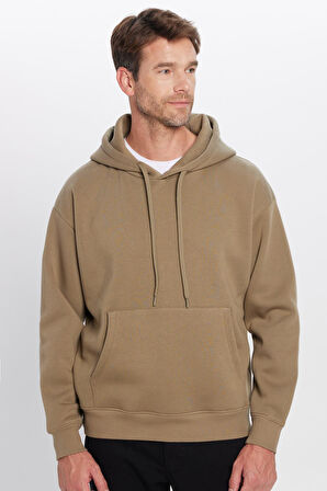 Unisex Oversize Geniş Kesim Pamuklu Yumuşak Dokulu İçi Polarlı Basic Haki Kapüşonlu Sweatshirt