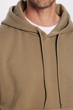 Unisex Oversize Geniş Kesim Pamuklu Yumuşak Dokulu İçi Polarlı Basic Haki Kapüşonlu Sweatshirt