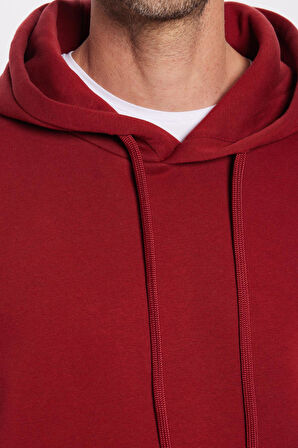 Unisex Oversize Geniş Kesim Pamuklu Yumuşak Dokulu İçi Polarlı Basic Bordo Kapüşonlu Sweatshirt