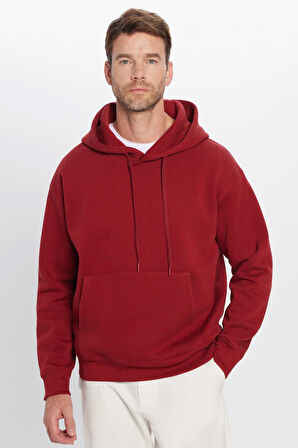 Unisex Oversize Geniş Kesim Pamuklu Yumuşak Dokulu İçi Polarlı Basic Bordo Kapüşonlu Sweatshirt