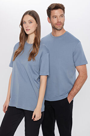 Unisex Relax Fit Rahat Kesim %100 Pamuk Yumuşak Dokulu Hafif Kalın Basic Bisiklet Yaka Mavi Tişört