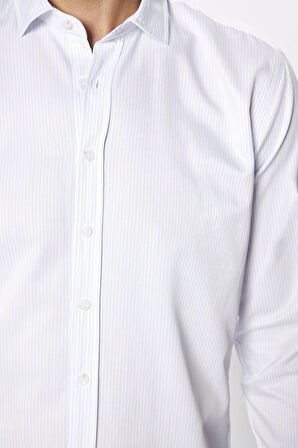 Erkek Modern Slim Fit Dar Kesim Uzun Kollu Pamuklu Çizgili 4 Mevsim İtalyan Yaka Gömlek