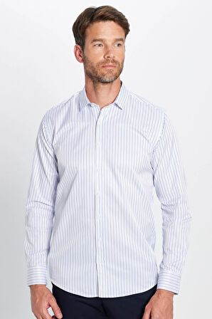 Erkek Modern Slim Fit Dar Kesim Uzun Kollu Pamuklu Çizgili 4 Mevsim İtalyan Yaka Gömlek