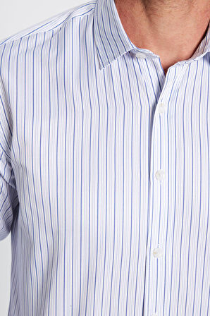 Erkek Modern Slim Fit Dar Kesim Uzun Kollu Pamuklu Çizgili 4 Mevsim İtalyan Yaka Gömlek