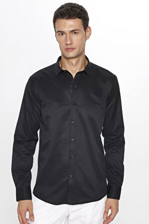Erkek Modern Slim Fit Dar Kesim Uzun Kollu Pamuklu Kolay Ütü Armürlü Siyah Gömlek