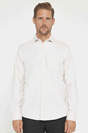 Erkek Regular Fit Klasik Kesim Pamuklu Kolay Ütü Armürlü Taş Rengi Gömlek