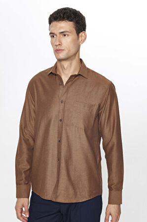 Erkek Regular Fit Klasik Kesim Pamuklu Armürlü Kahverengi Gömlek