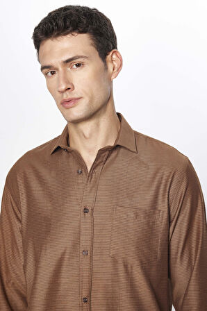 Erkek Regular Fit Klasik Kesim Pamuklu Armürlü Kahverengi Gömlek