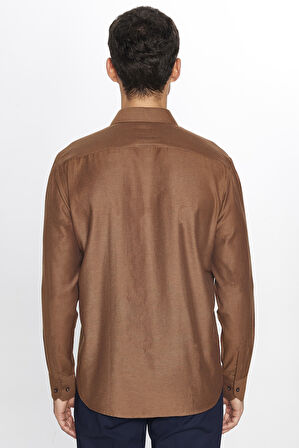 Erkek Regular Fit Klasik Kesim Pamuklu Armürlü Kahverengi Gömlek