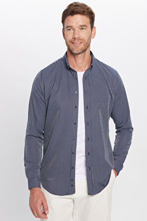 Erkek Slim Fİt Dar Kesim Uzun Kollu Pamuklu Çizgili 4 Mevsim Düğmeli Yaka Gömlek