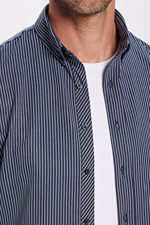 Erkek Slim Fİt Dar Kesim Uzun Kollu Pamuklu Çizgili 4 Mevsim Düğmeli Yaka Gömlek