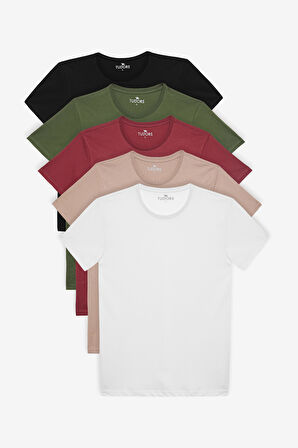 Unisex 5'li Paket Siyah-Beyaz-Haki-Bordo-Vizon Slim Fit Dar Kesim %100 Pamuk Bisiklet Yaka Tişört