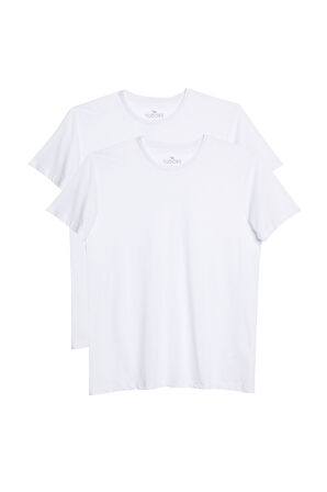 Unisex 2'li Paket Beyaz Slim Fit Dar Kesim %100 Pamuk Bisiklet Yaka Tişört