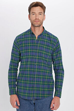 Erkek Regular Fit Klasik Kesim Pamuklu Tek Cepli Kareli Düğmeli Yaka Gömlek