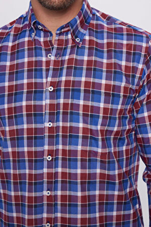 Erkek Regular Fit Klasik Kesim Pamuklu Tek Cepli Kareli Düğmeli Yaka Gömlek