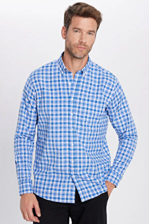 Erkek Regular Fit Klasik Kesim Pamuklu Kareli Düğmeli Yaka Gömlek