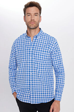 Erkek Regular Fit Klasik Kesim Pamuklu Kareli Düğmeli Yaka Gömlek