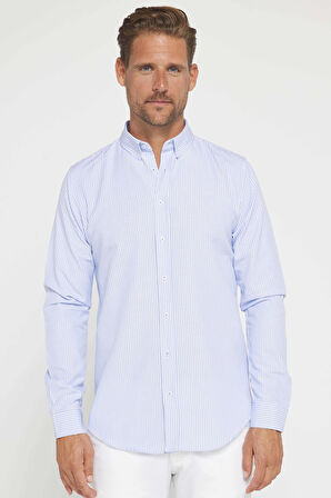 Slim Fit Uzun Kol Çizgili Yaka Düğmeli Erkek Gömlek