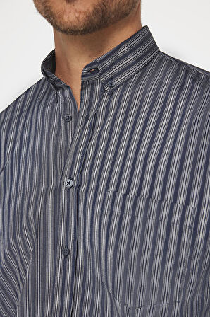 Erkek Regular Fit Klasik Kesim Düğmeli Yaka Pamuklu Kolay Ütü Çizgili Gömlek
