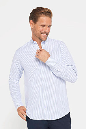 Erkek Regular Fit Klasik Kesim Düğmeli Yaka Pamuklu Kolay Ütü Çizgili Gömlek