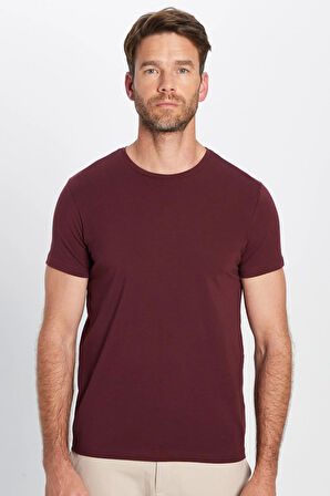 Erkek Slim Fit Dar Kesim Pamuklu Yumuşak Doku Likralı Esnek Kumaş Basic Bordo Bisiklet Yaka Tişört