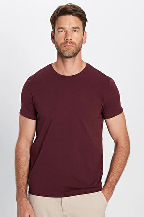 Erkek Slim Fit Dar Kesim Pamuklu Yumuşak Doku Likralı Esnek Kumaş Basic Bordo Bisiklet Yaka Tişört