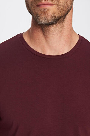 Erkek Slim Fit Dar Kesim Pamuklu Yumuşak Doku Likralı Esnek Kumaş Basic Bordo Bisiklet Yaka Tişört