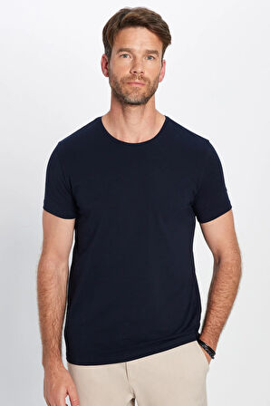 Erkek Slim Fit Dar Kesim Pamuklu Likralı Esnek Kumaş Basic Lacivert Bisiklet Yaka Tişört
