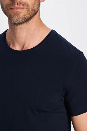 Erkek Slim Fit Dar Kesim Pamuklu Likralı Esnek Kumaş Basic Lacivert Bisiklet Yaka Tişört