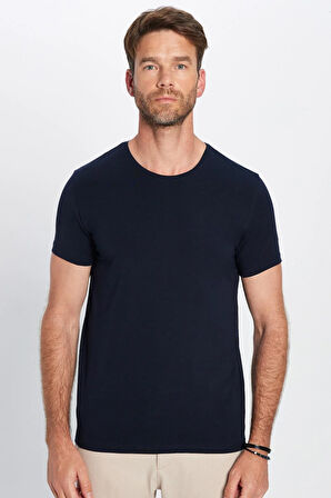 Erkek Slim Fit Dar Kesim Pamuklu Likralı Esnek Kumaş Basic Lacivert Bisiklet Yaka Tişört