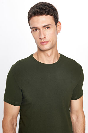 Erkek Slim Fit Dar Kesim Pamuklu Yumuşak Doku Likralı Esnek Kumaş Basic Haki Bisiklet Yaka Tişört