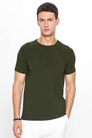 Erkek Slim Fit Dar Kesim Pamuklu Yumuşak Doku Likralı Esnek Kumaş Basic Haki Bisiklet Yaka Tişört