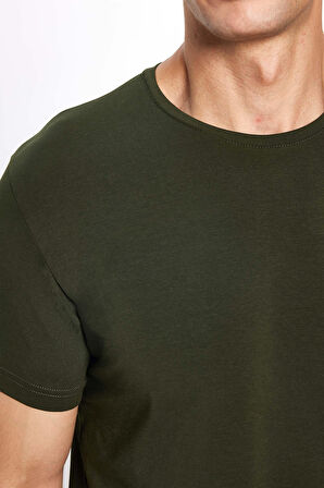 Erkek Slim Fit Dar Kesim Pamuklu Yumuşak Doku Likralı Esnek Kumaş Basic Haki Bisiklet Yaka Tişört