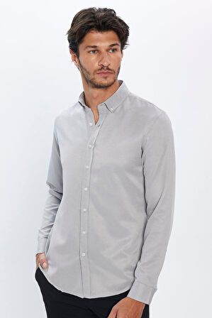 Erkek Slim Fit Dar Kesim Pamuklu Kolay Ütü Gri Düğmeli Yaka Gömlek