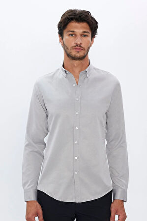 Erkek Slim Fit Dar Kesim Pamuklu Kolay Ütü Gri Düğmeli Yaka Gömlek