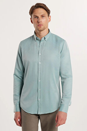 Erkek Slim Fit Dar Kesim Pamuklu Kolay Ütü Yeşil Düğmeli Yaka Gömlek