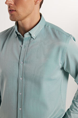 Erkek Slim Fit Dar Kesim Pamuklu Kolay Ütü Yeşil Düğmeli Yaka Gömlek